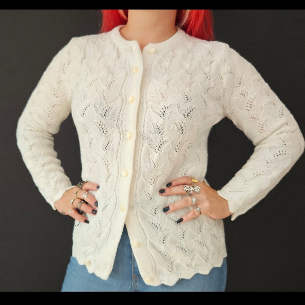 60s Dotty Mann White Knit Orlon Cardigan Sweater